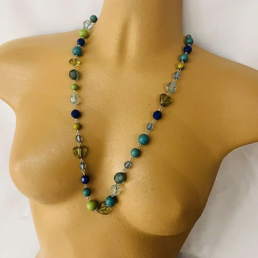 Vintage Necklace Blue Green Shades Beads Silver Tone Glass Heart Accents